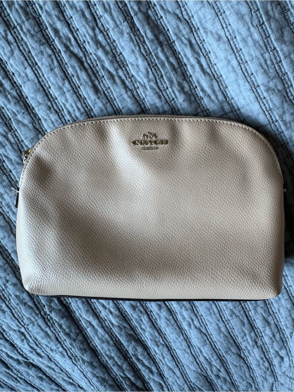 Coach Pebbled Leather Cosmetic Pouch in Light Beige with Gold Logo
